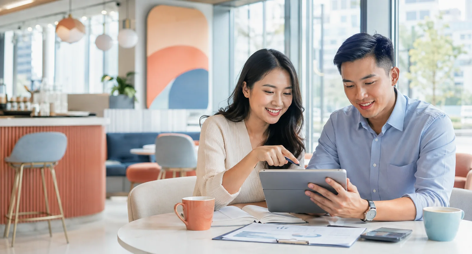 Hai người trẻ cùng xem kế hoạch chi tiêu trên máy tính bảng trước khi cân nhắc khoản vay