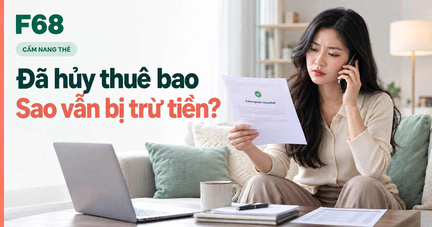 hủy dịch vụ thẻ vẫn bị trừ tiền — Đã hủy thuê bao: Sao vẫn bị trừ tiền? — minh họa F68