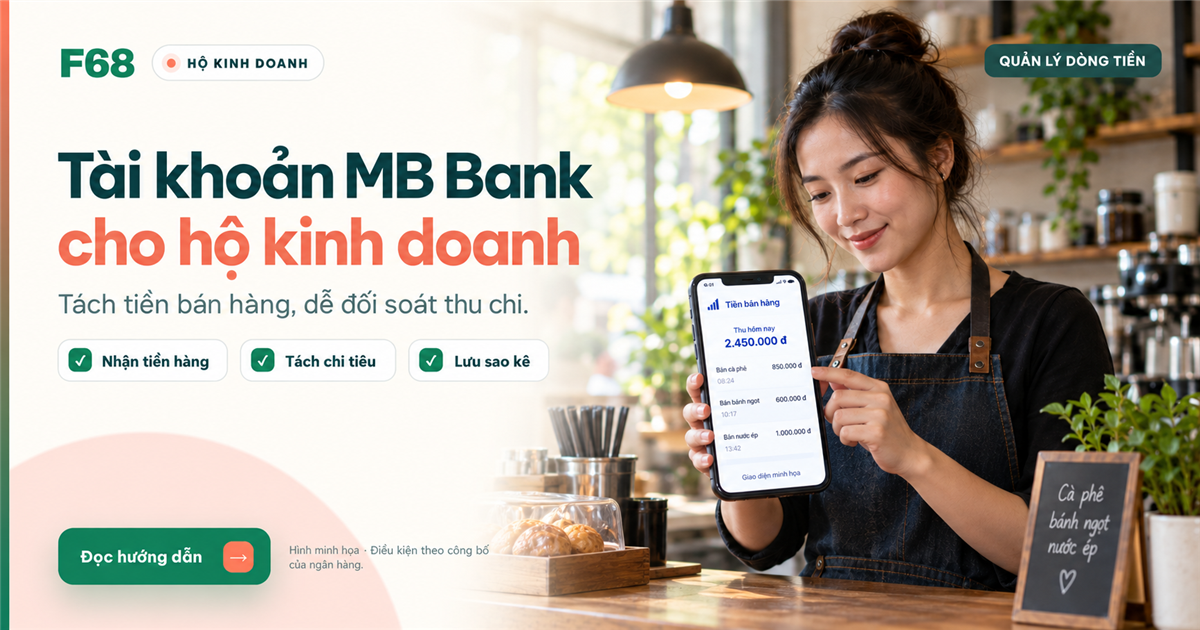 tài khoản hộ kinh doanh — Tài khoản MB Bank cho hộ kinh doanh, minh họa chủ cửa hàng kiểm tra tiền bán hàng.