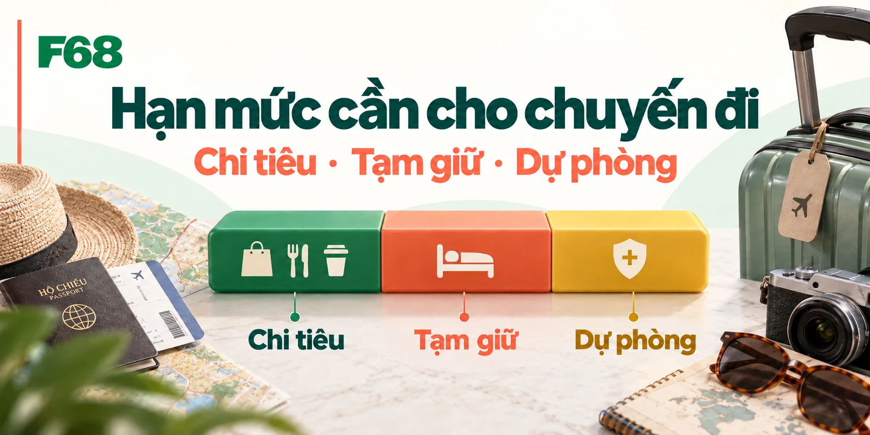 Hạn mức cần cho chuyến đi — Chi tiêu · Tạm giữ · Dự phòng; minh họa F68