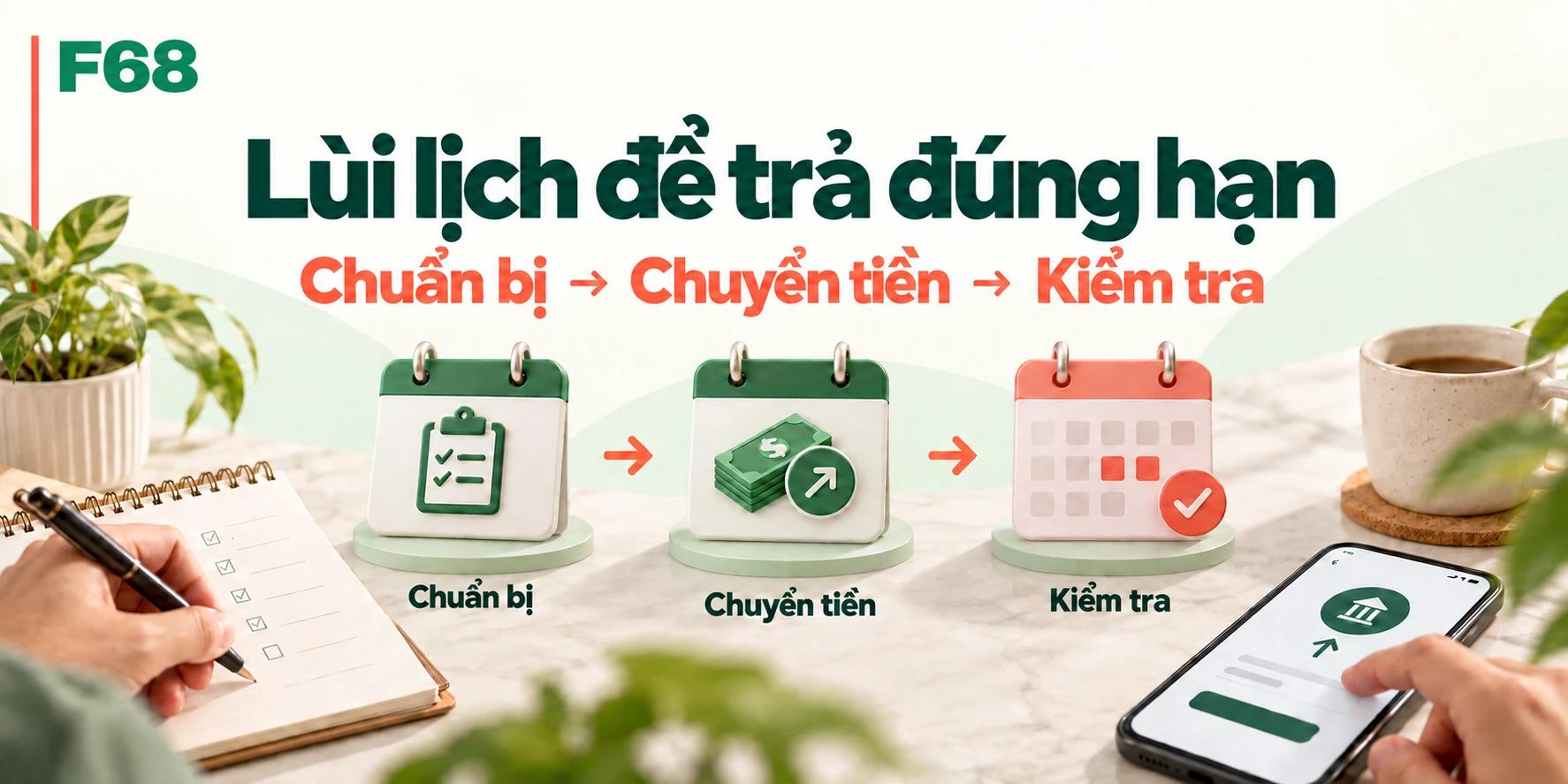 Lùi lịch để trả đúng hạn — Chuẩn bị → Chuyển tiền → Kiểm tra; minh họa F68