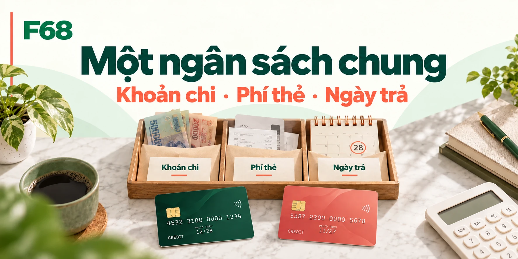 Một ngân sách chung — Khoản chi · Phí thẻ · Ngày trả; minh họa F68
