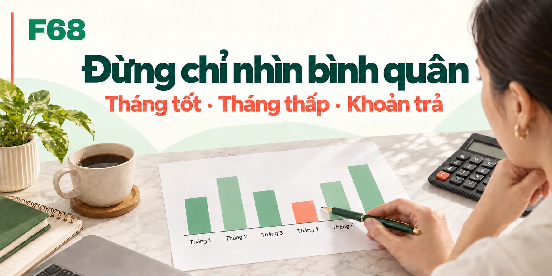 Đừng chỉ nhìn bình quân — Tháng tốt · Tháng thấp · Khoản trả; minh họa F68
