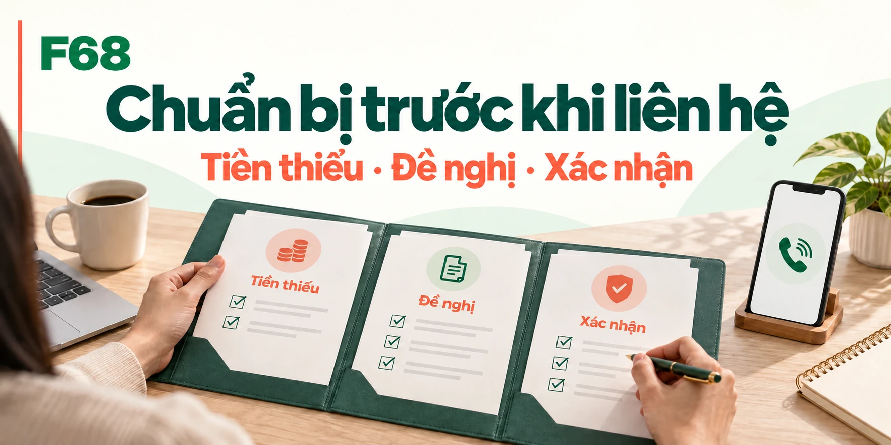 Chuẩn bị trước khi liên hệ — Tiền thiếu · Đề nghị · Xác nhận; minh họa F68