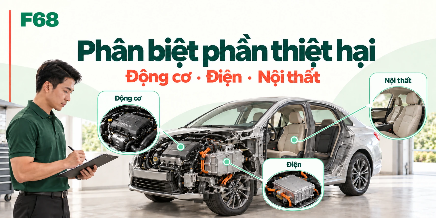 Phân biệt phần thiệt hại — Động cơ · Điện · Nội thất; minh họa F68