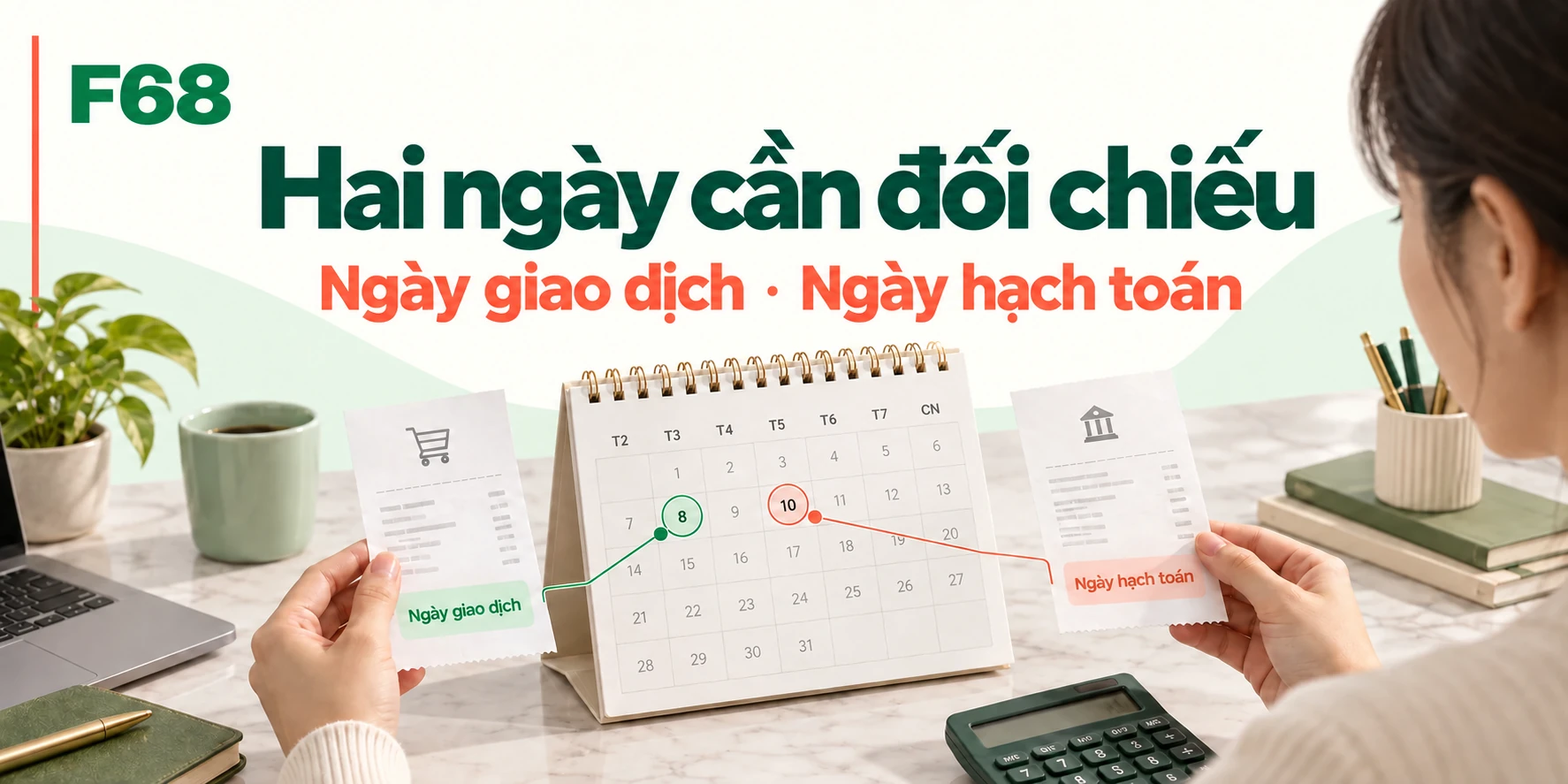 Hai ngày cần đối chiếu — Ngày giao dịch · Ngày hạch toán; minh họa F68