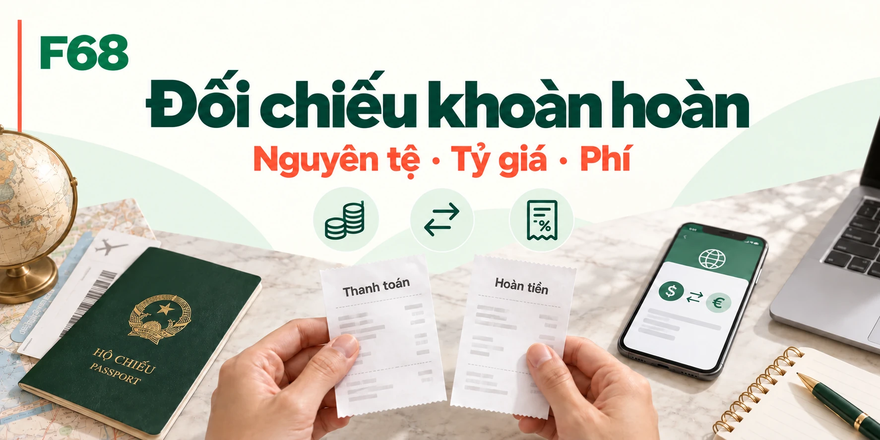 Đối chiếu khoản hoàn — Nguyên tệ · Tỷ giá · Phí; minh họa F68