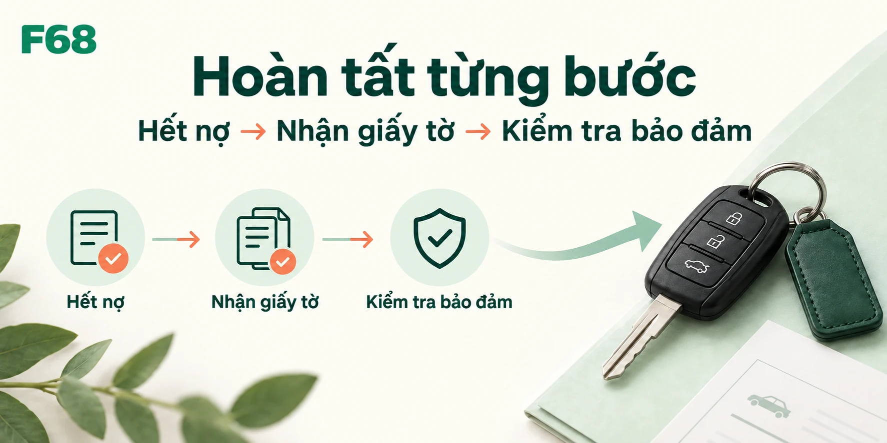 Hoàn tất từng bước — Hết nợ → Nhận giấy tờ → Kiểm tra bảo đảm; minh họa F68