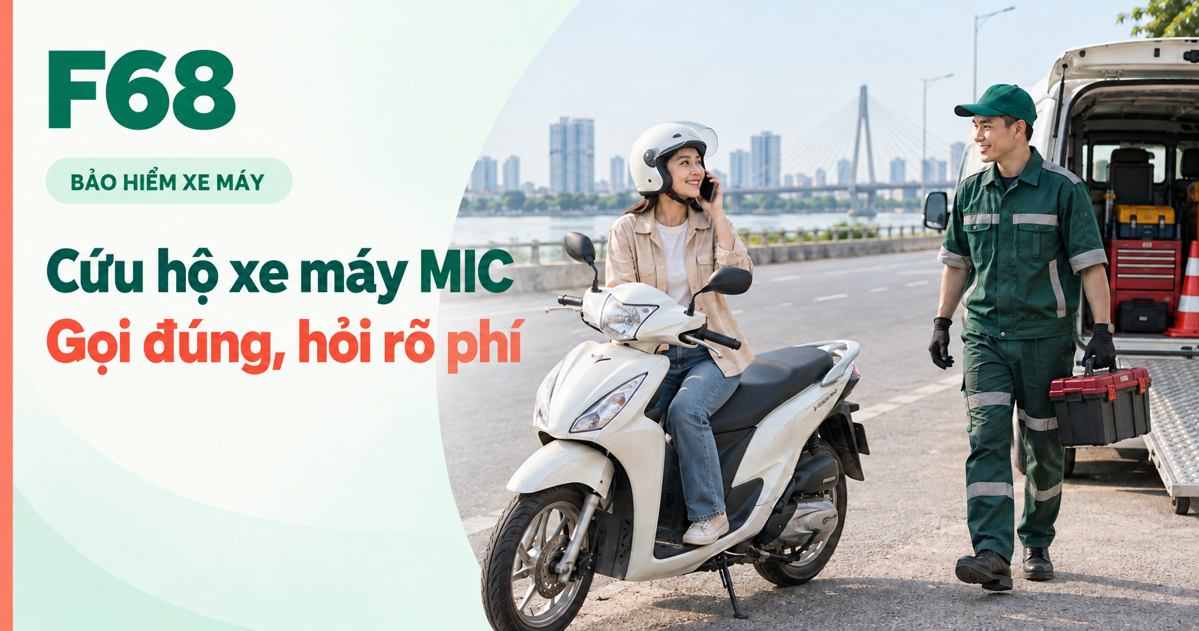 cứu hộ bảo hiểm xe máy — Cứu hộ xe máy MIC: Gọi đúng, hỏi rõ phí — minh họa F68