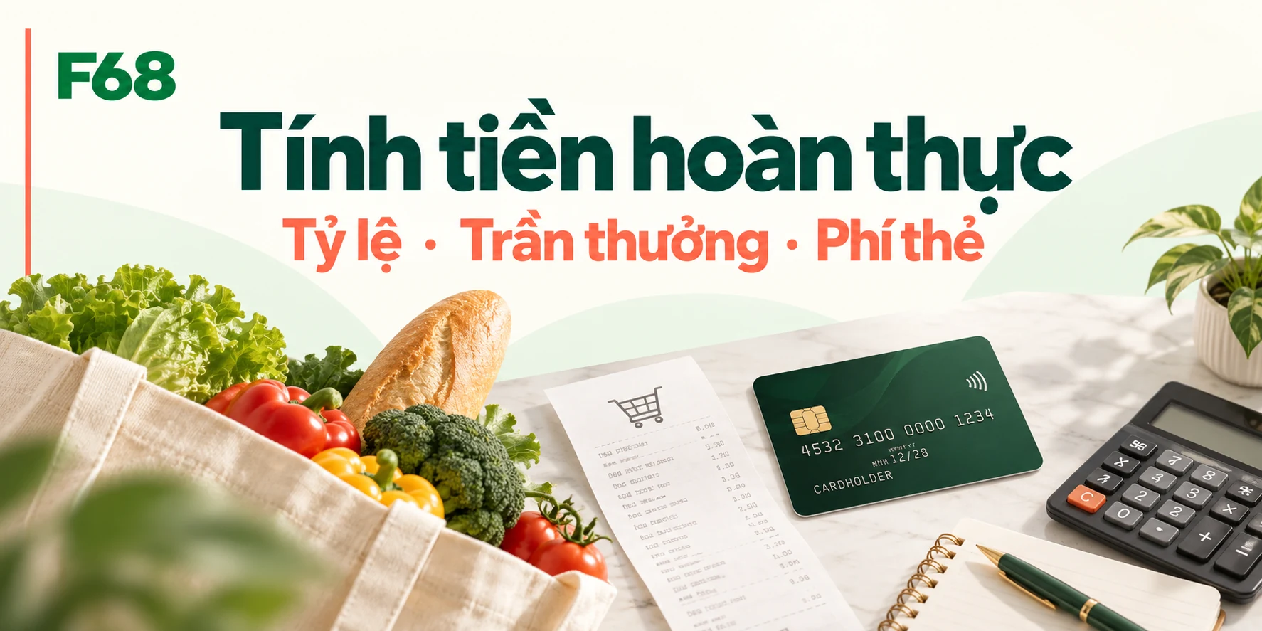 Tính tiền hoàn thực — Tỷ lệ · Trần thưởng · Phí thẻ; minh họa F68