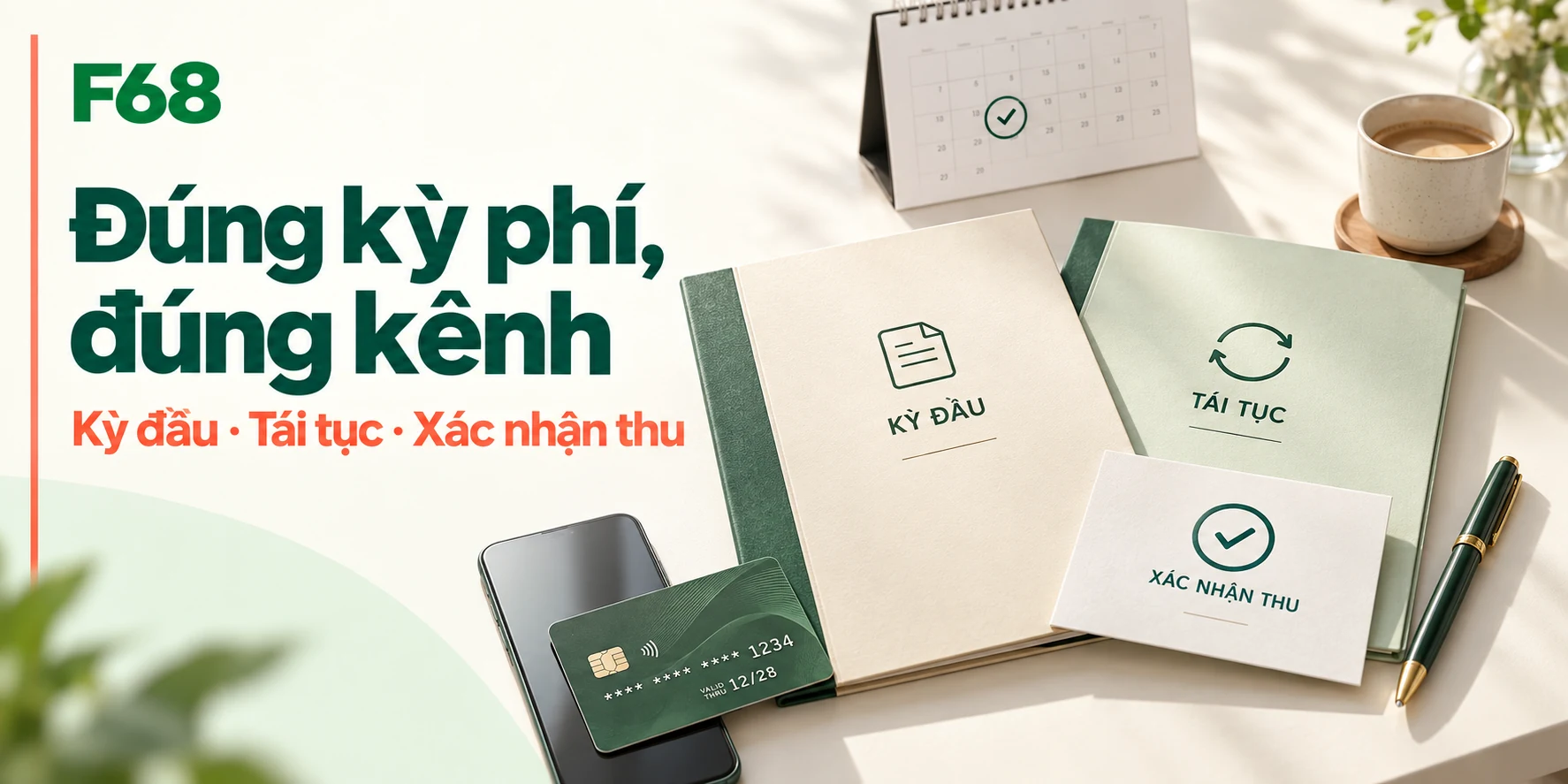 Đúng kỳ phí, đúng kênh — Kỳ đầu · Tái tục · Xác nhận thu; minh họa F68