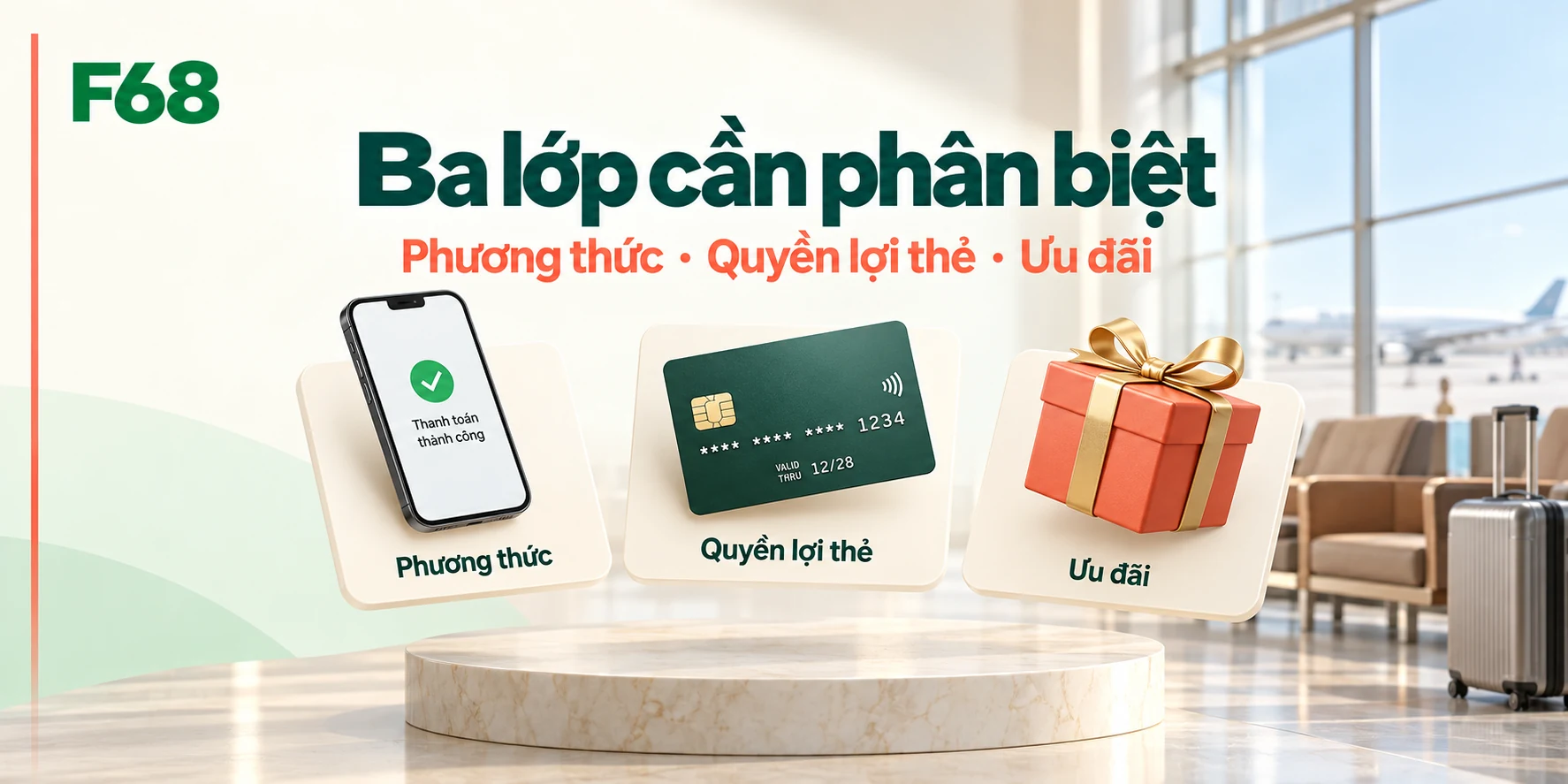 Ba lớp cần phân biệt — Phương thức · Quyền lợi thẻ · Ưu đãi; minh họa F68