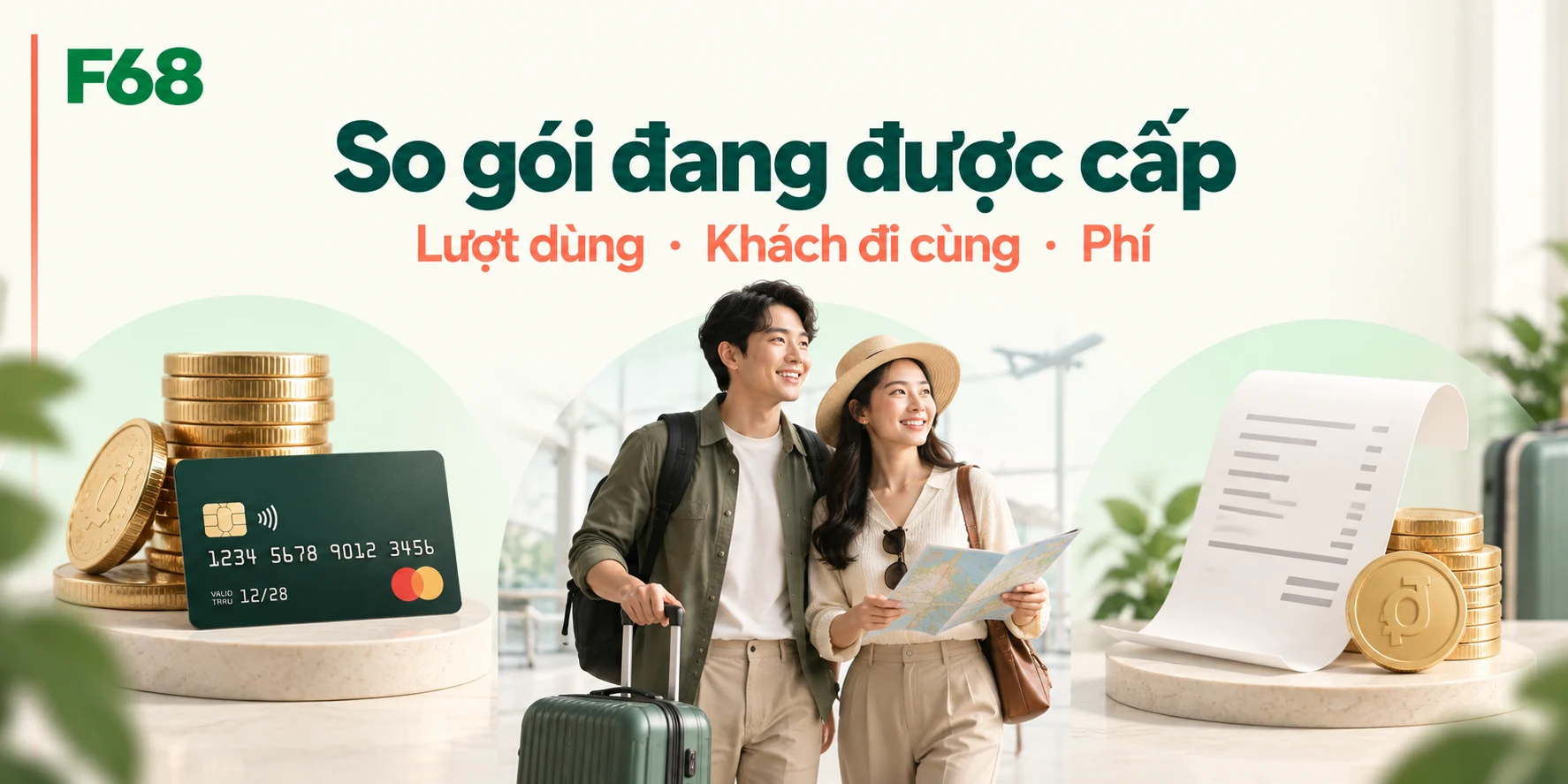 So gói đang được cấp — Lượt dùng · Khách đi cùng · Phí; minh họa F68