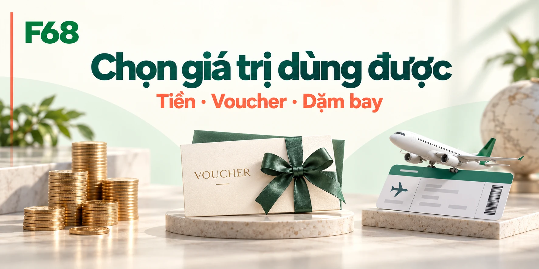 Chọn giá trị dùng được — Tiền · Voucher · Dặm bay; minh họa F68